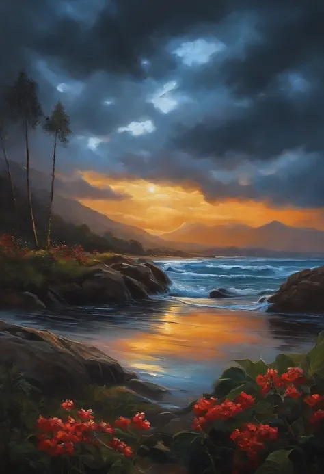 Real picture（（painting））Landscape painting,acrycle painting，Brush Strokes，With unparalleled realism,ultrawide,ominous skies,Sail ships,Wooden boats,Lotus,Huge waves,Starry night,Harry Potter,voluminetric lighting,Clearing,Realistic,james gurney,art  statio...