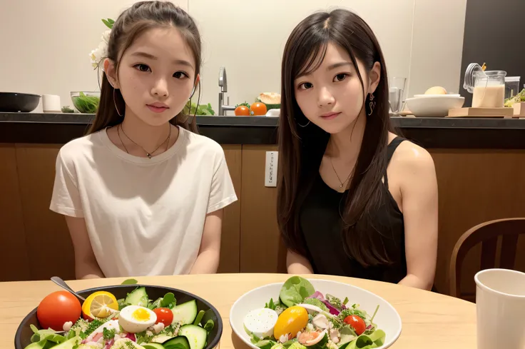 女の子1人、Korean Idols、14years、Woman eating salad、salad、tomatoes、boiled egg、cucumber、超A high resolution、