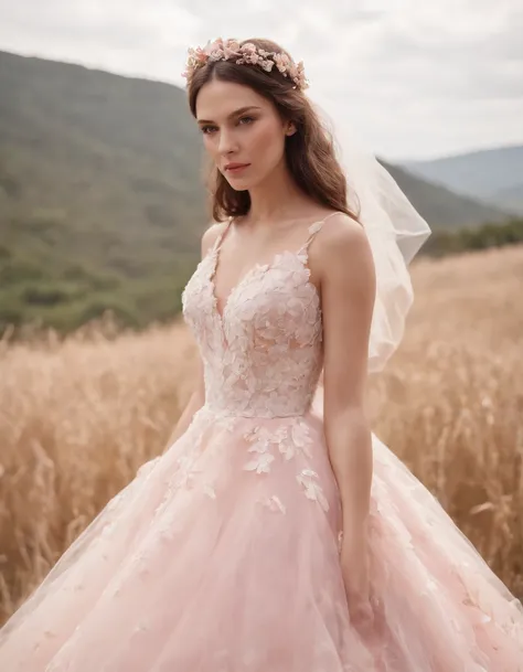 A woman wearing a wedding dress in a light red and pink style with a nature-inspired pattern, close-up, tulle fabric, Iberê Camargo, beautiful, made of butterflies, front,medium shot