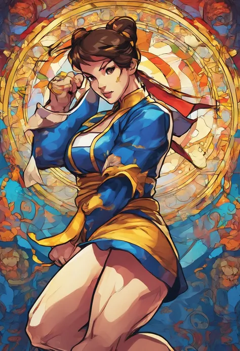 Chun li, portrait shot, kicking into air, dynamic pose, stained glass portrait, extremely detailed, absurdes