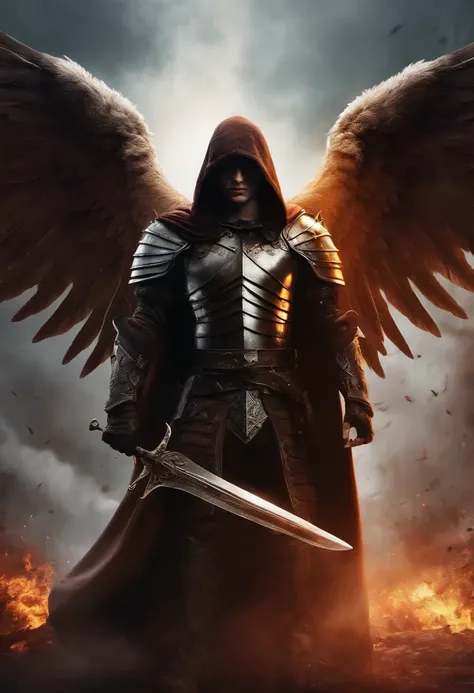 realistic, 4k, an angel with big wings, a sword, a hood over his head in the background image of a war (chaos)