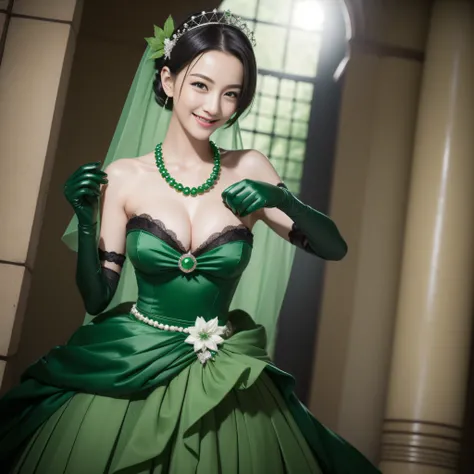 Boyish very short black hair, lipsticks, Japan woman smiling, Green Long Grove,　Emerald Tia boyish very short black hair, lipsticks, Japan woman smiling, Satin green long gloves,　emerald tiara, Pearl Necklace, verd s eyes, Green eyes, Long green gloves mad...