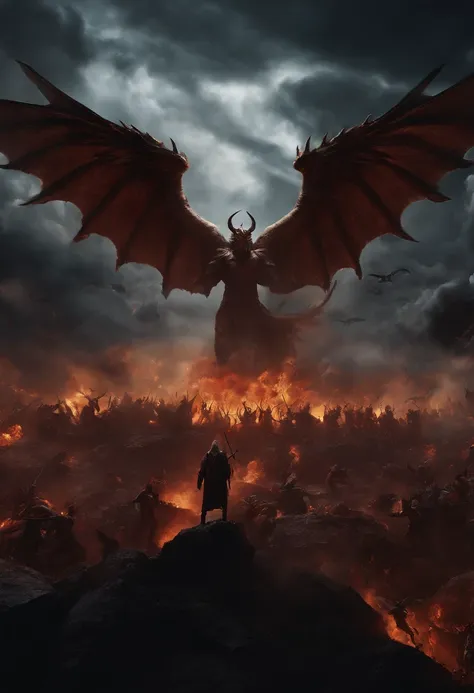 Realistic, 4k, Um anjo com grandes asas, uma espada, A hood over the head in the background image of a war in the skies between angels and demons that look like monsters with horns and wings (caos)