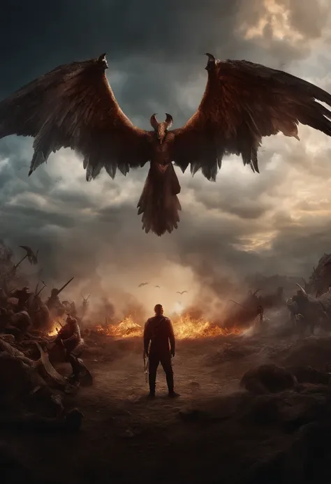 Realistic, 4k, Um anjo com grandes asas, uma espada, A hood over the head in the background image of a war in the skies between angels and demons that look like monsters with horns and wings (caos)