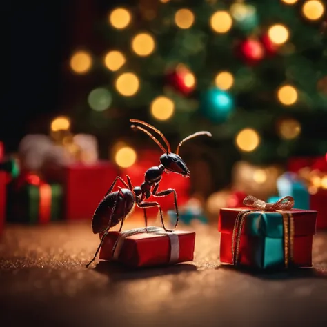 an ant surrounded with many gifts in shiny Christmas with colorful light