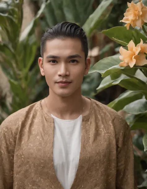 a man standing in front of some flowering plants, in the style of traditional balinese motifs, contemporary realist portrait photography, genderless, light brown and black, sony alpha a7 iii, wavy, folkloric portrait