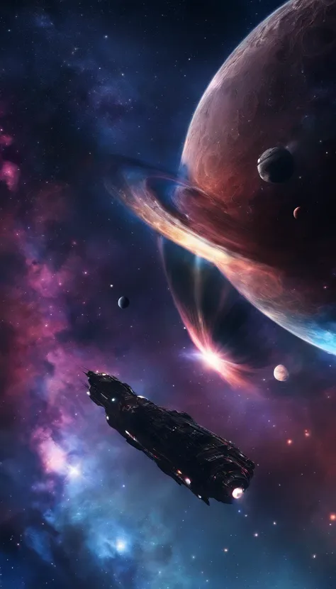 ((Masterpiece))，(Best quality))，Magnificent space image scene，heavenly body，Interstellar，（（Huge star gates）），black hole，（（（Huge starship））），Spaceship，Shining starry sky，8K，super-fine，high qulity