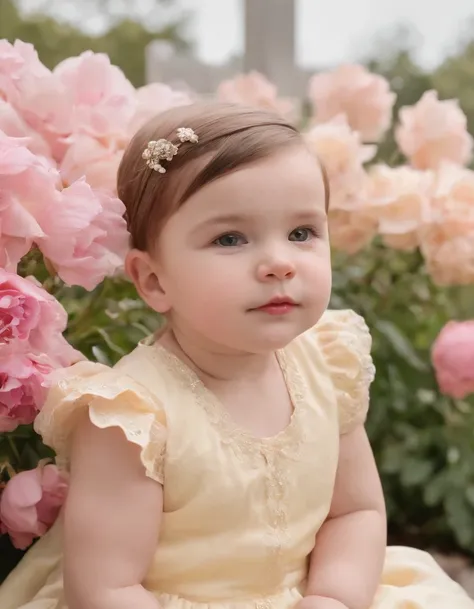 this cute bab in front of flowers, in the style of taylor wessing, candid portraits, light yellow and light pink, mary cassatt, playful details, ferrania p30, candid moments captured