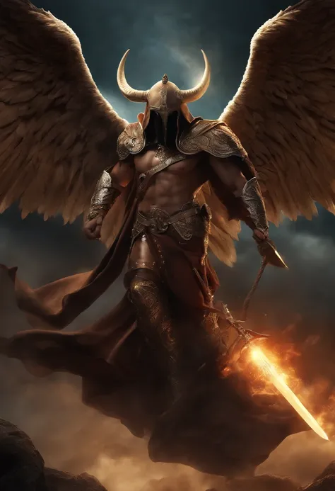 Realistic, 4k, Um anjo de deus com grandes asas, uma espada, A hood over the head and in the background image a war in the heavens between angels and demons that look like monsters with horns and wings fighting the angels with large wings, uma espada, A ho...