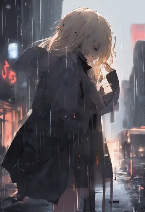 Sad girl,cry,darkness,Rain sky,。.。.。.。.。.。.。.。.。.。.。.。.。.。.。.。.3D,Upscale,hard disk,Blonde short,is crying,with his back turned