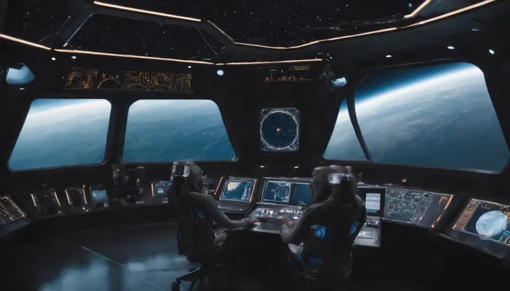 The exterior of the spacecraft. From the window you can see the scenery of the alien planet, The entire space is filled with work consoles with electronics and screens, Full-HD