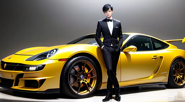 A handsome boy eighteen years old wearing a black suit, short black hair, brown eyes，Stand in front of a yellow Porsche sports car。