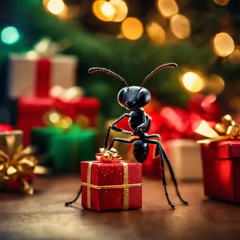 an ant surrounded with many gifts in shiny Christmas with colorful light