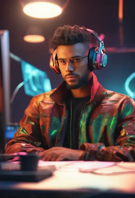 Potrait of a 25 years old man sitting in a chair in a studio, looking straight and center, colourful cyberpunk, wears face mask, center potrait, sitting straight, front view, potrait, center looking at straight, laptop on a table In front of him