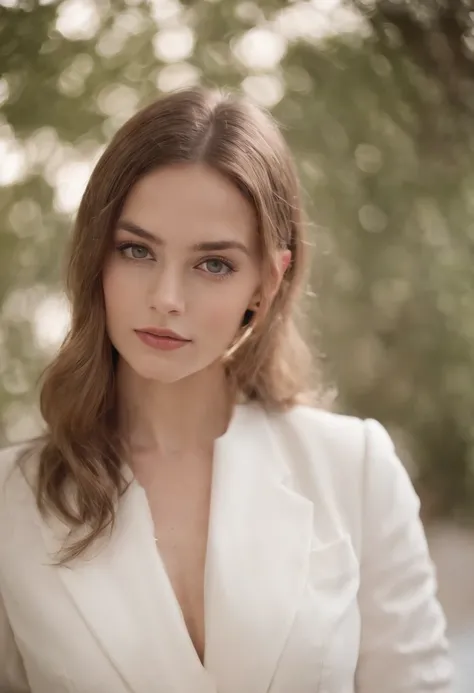 Cassady McClincy, 18 anos , com cabelo long bob PRETO, olhos verdes vivos e puxados, dress in white suit and DISCREET tailoring pants and rich pose WITH ARMS CROSSED, cabelos longos castanhos,close-up