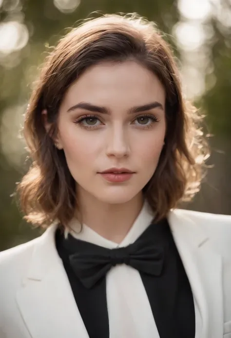 Cassady McClincy, 18 anos , com cabelo long bob PRETO, olhos verdes vivos e puxados, dress in white suit and DISCREET tailoring pants and rich pose WITH ARMS CROSSED, cabelos longos castanhos,close-up