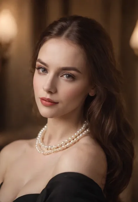 The sexiest beautiful beauty in the world,ellegance，pearls necklace，black color dress, Cinematic texture, Best quality, Movie poster, Soft lighting, Warm colors,