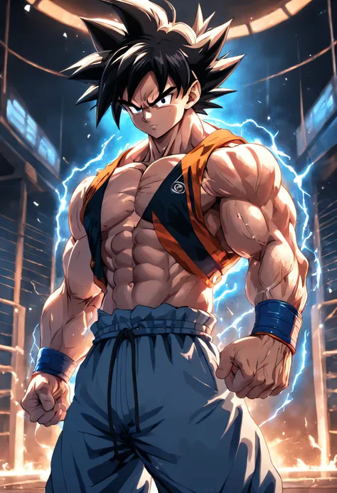 A detailed drawing of Son Goku biceps training intensely in a bodybuilding gym, aura asul, cabelo prateado, pele prateada e polida, relampago envolta do corpo, enegia azul,