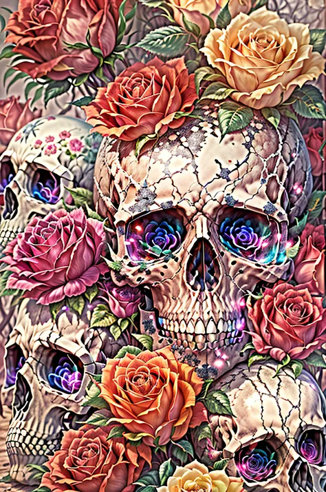 best images quality，tmasterpiece，超高分辨率，
A skull，It is covered with roses，plethora of colors，White background，closeup cleavage，