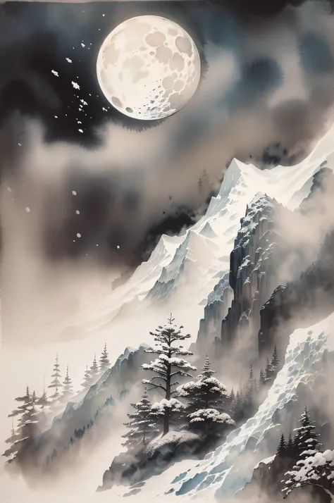 (Masterpiece、In a night blizzard, the steep snowy mountains towering in front of you stand out in the dim moon)::style (ink and watercolor painting、grayscales)