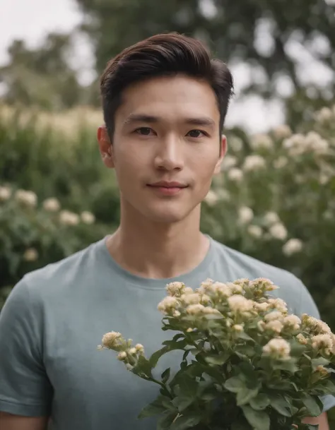 cinematic photo . 35mm photograph, film, bokeh, professional, 4k, highly detailed,A man standing in front of some flowering plants, polo shirt,country, contemporary realism portrait photography, genderless, Sony Alpha a7 iii, waves, folk portrait, Asian ma...