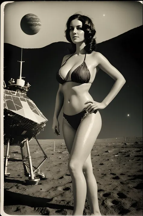 Bikini pinup model on the moon, aliens, planets and spacecraft in the background, wet plate collodion styled