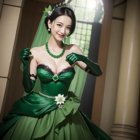 Boyish very short black hair, lipsticks, Japan woman smiling, Green Long Grove,　Emerald Tia boyish very short black hair, lipsticks, Japan woman smiling, Satin green long gloves,　emerald tiara, Pearl Necklace, verd s eyes, Green eyes, Long green gloves mad...