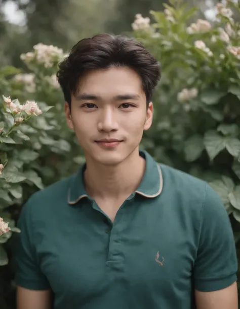 Film photos. 35mm photo, film, bokeh, professional, 4k, highly detailed, a man standing in front of some flowering plants, polo shirt, slim figure, contemporary realism portrait photography, genderless, Sony Alpha a7 iii, waves, folk portrait, asian man, s...