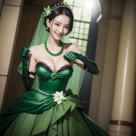 Boyish very short black hair, lipsticks, Japan woman smiling, Green Long Grove,　Emerald Tia boyish very short black hair, lipsticks, Japan woman smiling, Satin green long gloves,　emerald tiara, Pearl Necklace, verd s eyes, Green eyes, Long green gloves mad...