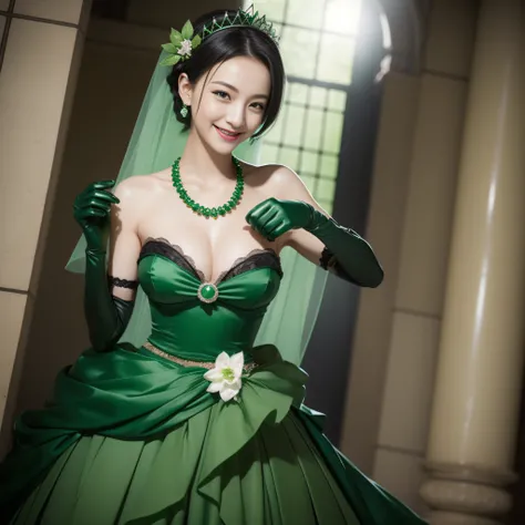 Boyish very short black hair, lipsticks, Japan woman smiling, Green Long Grove,　Emerald Tia boyish very short black hair, lipsticks, Japan woman smiling, Satin green long gloves,　emerald tiara, Pearl Necklace, verd s eyes, Green eyes, Long green gloves mad...