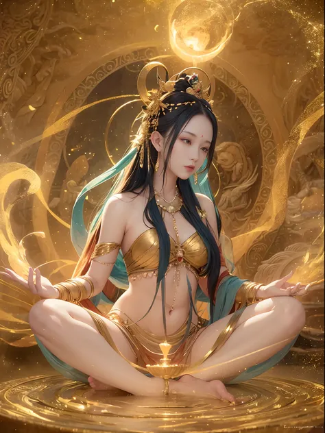 A goddess of immortality with extremely delicate features, sitting cross-legged and meditating. Her body is partially covered by a pale cloth. Behind her, a golden glowing magic circle rotates. A magical aura surrounds her. The scene is filled with a sense...