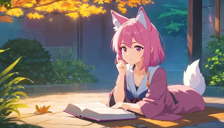 A pink-haired，Fox Mature Witch, ultra - detailed, 8K, Unreal Engine 5，The eyes show enchantment and longing，Sitting in the courtyard with a book in hand