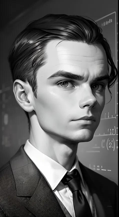 Illustrez un portrait dAlan Turing, en noir et blanc, le montrant jeune, eyes fixed in the distance, deeply thoughtful. behind, Mathematical equations and machine sketches are superimposed in filigree.