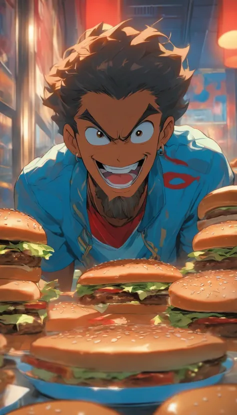 A 30-year-old Brazilian man eats hamburgers at a modern buffet restaurant，The interior is decorated in blue and red. He was delighted, Looking at the camera. Super detailed, Photo.