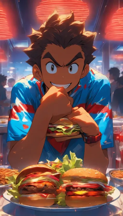 A 30-year-old Brazilian man eats hamburgers at a modern buffet restaurant，The interior is decorated in blue and red. He was delighted, Looking at the camera. Super detailed, Photo.