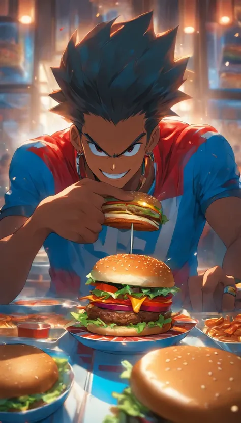 A 30-year-old Brazilian man eats hamburgers at a modern buffet restaurant，The interior is decorated in blue and red. He was delighted, Looking at the camera. Super detailed, Photo.