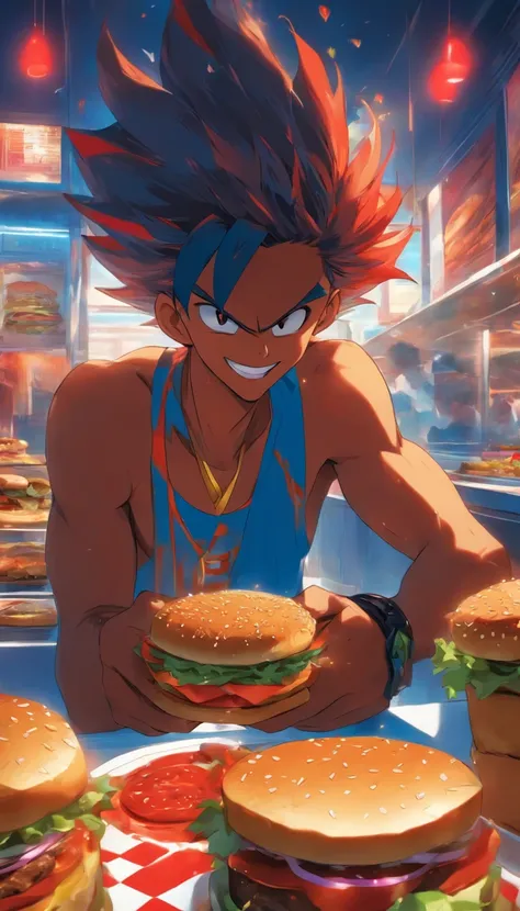 A 30-year-old Brazilian man eats hamburgers at a modern buffet restaurant，The interior is decorated in blue and red. He was delighted, Looking at the camera. Super detailed, Photo.