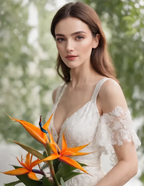 cinematic photo . 35mm photograph, film, bokeh, professional, 4k, highly detailed,woman in white dress holds some bird of paradise flowers, studio lighting, side shot, white background, bold colors, in the style of ultrafine detail, high quality photo, med...