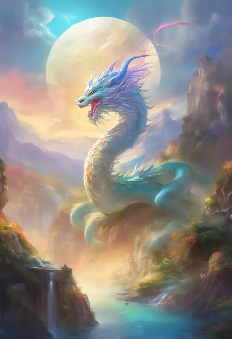 Landscape painting，White rainbow background，A huge Chinese dragon is golden in the air,With a huge crystal,Fortune up