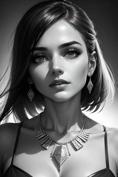 Black and white image of Ultra realistic womans head with diamond necklace