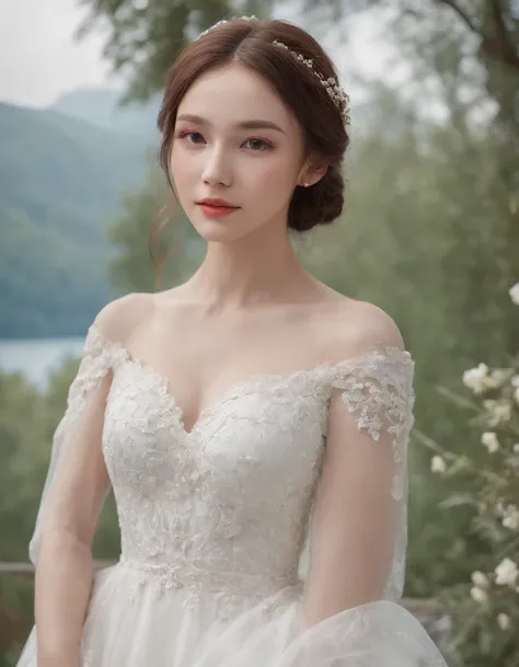 1 beautiful girl, (Realistic:1.3) (full bodyesbian:1.3), standing photo, Stand in front of the blue lake, White wedding dress, Soft dress, Masterpiece, diffused soft lighting, Portrait, Best quality, (Perfect face:1.4), Ultra-realistic Highly detailed, Com...