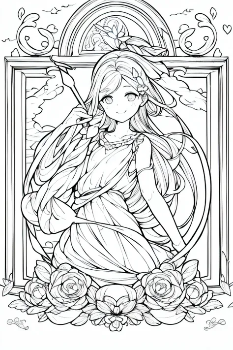 smiling cupid figure holding cupid's arrow, framed by hearts and clouds,decorative panel、abstract、sketched、character line、scenes...