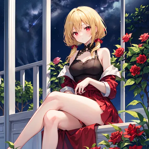 a blond、poneyTail、red eyes、Beautiful girl alone、Dark red dress、off shoulders、a miniskirt、sitting on、rose garden、starrysky、legs crossed