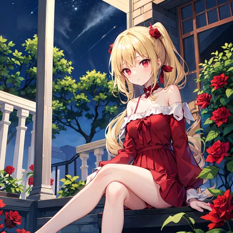 a blond、poneyTail、red eyes、Beautiful girl alone、Dark red dress、off shoulders、a miniskirt、sitting on、rose garden、starrysky、legs crossed