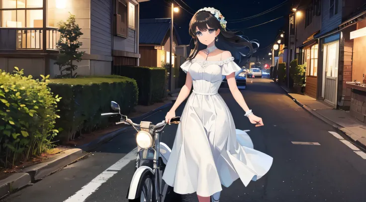 A beautiful girl in a white dress，Long black hair and blue eyes, Walking alone on country roads at night，Pushing a pedal two-wheeler。