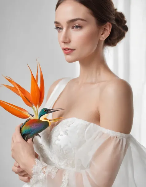 Woman in white dress holding some bird of paradise flowers, studio lighting, side shot, white background, bold colors, delicate jewelry, earrings, style with super fine details, high quality photo, medium body frame, medium close-up