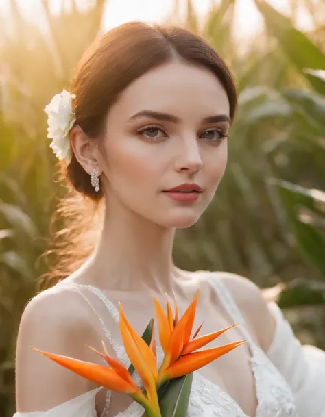 Woman in white dress holding some bird of paradise flowers, studio lighting, side shot, white background, bold colors, delicate jewelry, earrings, style with super fine details, high quality photo, medium body frame, medium close-up