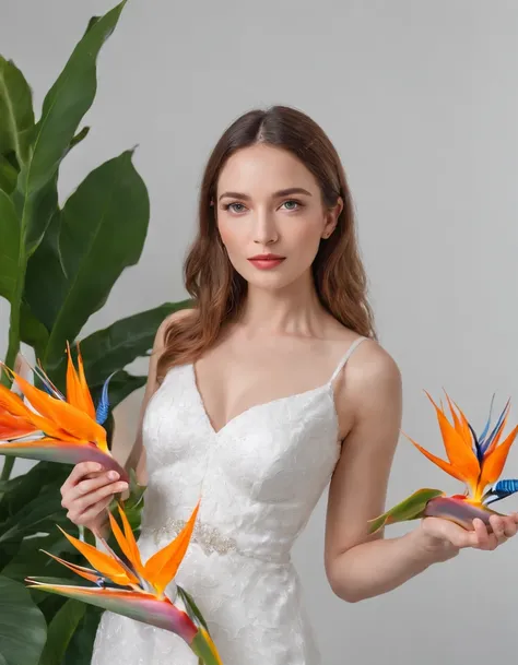 ,woman in white dress holds some bird of paradise flowers, studio lighting, side shot, white background, bold colors, in the style of ultrafine detail, high quality photo, medium body framing,medium close-up