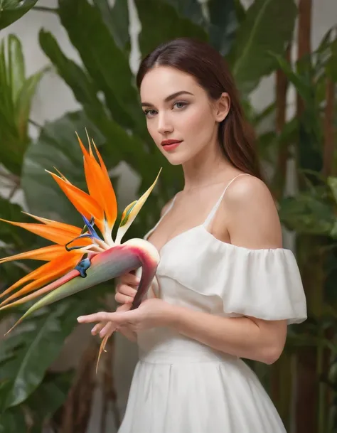 ,woman in white dress holds some bird of paradise flowers, studio lighting, side shot, white background, bold colors, in the style of ultrafine detail, high quality photo, medium body framing,medium close-up