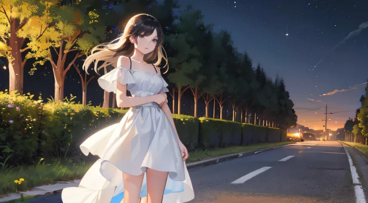 A beautiful girl in a white dress, with long black hair and blue eyes, walks alone on the road in the countryside at night (holding a pedal motorcycle with both hands: 1.8).